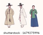 Korean history traditional costume character. Aristocratic man. Palace women. hand drawn style vector design illustrations. 
