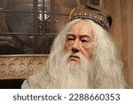 Small photo of BUKOVEL, UKRAINE, OCTOBER 5, 2022: Wax figure of Professor Albus Percival Wulfric Brian Dumbledore - fictional character in J. K. Rowling Harry Potter series