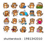 cute tiger emoji set. flat... | Shutterstock .eps vector #1981342010