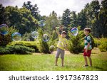 Boy blowing soap bubbles while an excited kid enjoys the bubbles. Happy teenage boy and his brother in a park enjoying making soap bubbles. Happy childhood friendship concept.