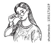  asian girl with glasses. hand... | Shutterstock .eps vector #1351171619