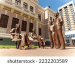 Small photo of BELO HORIZONTE. MINAS GERAIS. BRASIL. DECEMBER 10, 2005. Statues of 4 Brazilian writers from the state of Minas Gerais. Nicknames The 4 Horsemen of the Apocalypse.