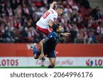 Small photo of WARSAW, POLAND - 9 OCTOBER, 2021: FIFA World Cup Qatar 2022 Qualifiers Match, Poland Vs San Marino 5:0, o.p: Przemyslaw Frankowski of Poland and Mirko Palazzi of San Marino