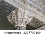Ornated marble capitel at Kucuk Ayasofya Camii (Byzantine Church of the Saints Sergius and Bacchus). Istanbul city landmark and architectural masterpiece. Byzantine architecture