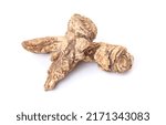 Small photo of Angelica root used in chinese traditional herbal medicine, over white background. Radix angelicae sinensis