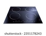 Small photo of Black glossy built in ceramic glass induction or electric hob stove cooker with four burners, isolated on white background.