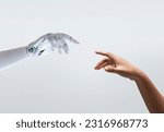 artificial intelligence, a robot hand and human hand touching each other, android concept of creation and intelligence