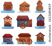 Water Mill Icons Set. Cartoon...