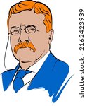 Theodore Roosevelt vector drawing with colored surfaces. Hand-drawn outline sketch. Drawing for use on any marketing project and for resale as print.