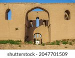 Small photo of Gate of building of the medieval caravanserai or palace named Kyr Kyz (translates as Fortress of 40 girls), Termez, Uzbekistan. Two-storey building was built in the 9th century
