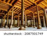Small photo of Hall of wooden columns decorated with carvings in Juma Mosque, Khiva, Uzbekistan. Peculiarity is that all columns are absolutely different
