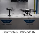 Small photo of Seongnam-si, South Korea - Oct.18.2023: Neontech Silent Assassin loitering munition and ND-401 reconnaissance drone in ADEX (Seoul International Aerospace Defense Exhibition)