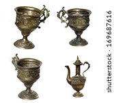 Small photo of Ancient grail isolated on white background collection in 25 Mpx - Holy grail vintage object set