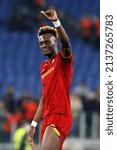 Small photo of Rome, Italy, 17 March, 2022. Tammy Abraham, of AS Roma, greets fans at the end of the round of 16 second leg Conference League football match between Roma and Vitesse at the Olympic Stadium.