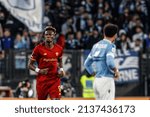 Small photo of Rome, Italy, March 20, 2022. Tammy Abraham, of AS Roma, celebrates after scoring his second goal during the Serie A football match between Roma and Lazio at the Olympic stadium.