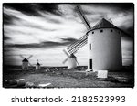 Small photo of Windmills in Campo de Criptana, Spain, on Don Quixote Route, based on a literary character, it refers to the route followed by the protagonist of the novel Don Quixote de la Mancha by Cervantes