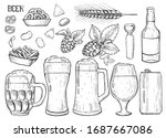 Hand drawn set of beer glasses, can, bottle, shacks and other related items on white isolated background. Skietch style illustrations for menus, invitations, posters, web banners. 