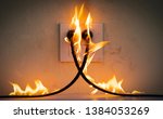 Small photo of On fire electric wire plug Receptacle wall partition,Electric short circuit failure resulting in electricity wire burnt
