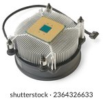 Small photo of close-up of cpu stuck to cooler heatsink isolated on white background, difficult to separate the cpu or processor from the cooler due to hardened thermal paste, computer repair and service concept