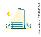 Blue wooden bench with glowing street lamp and moon star at public park garden in night time on white background flat vector design.