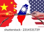 Small photo of United States and China flags combined fist together. Taiwan flag in tug of war. Describe the concept of U.S.-China competition and the importance of Taiwan semiconductors
