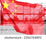 Small photo of Double exposure creative hologram of unfinished supertall building and Chinese flag. Describe China's real estate collapse, bubble, financial turmoil, and China's Lehman storm