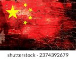 Small photo of Chinese flag and paint crackles. Describe China's real estate crash, bubbles, financial turmoil, and China's Lehman storm. Employment recession economic depression. Double exposure hologram.