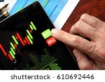 Online trading concept. Tablet with financial stock data and finger.