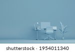 Pastel blue monochrome minimal office table desk. Minimal idea concept for study desk and workspace. Mockup template, 3d rendering
