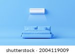 White air conditioner and bed on pastel blue background.
Control air conditioner concept, split system air conditioning. Cool and cold climate control system. Minimalism concept. 3d render