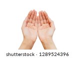 Two open empty woman hands with palms up. Isolated on white background. Top view.
