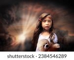 Small photo of Sad girl with teddy bear toy, who survived the fire.destructive civilian area during war time, sorrow scenery of war victim, natural disaster, idea for support children's rights