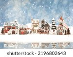 Snowy North Pole Santa's Village with reflection photo to make a festive Christmas holiday card or for xmas background