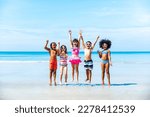Small photo of Group of Diversity little child boy and girl friends running and playing sea water at tropical beach together on summer vacation. Happy children kids enjoy and fun outdoor lifestyle on beach holiday.
