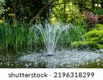 Small photo of Beautiful cascading fountain in magical garden pond. Bolted irises bloom with yellow flowers along shore. Sun is reflected in mirror-clear water. Atmosphere of relaxation, tranquility and happiness.