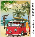 Surf Poster With Retro Bus And...
