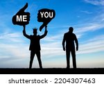 Small photo of Selfishness. A selfish and arrogant man with a crown holding a like sign addressed to him and a dislike addressed to another man. The concept of egoism, arrogance and narcissism. Silhouette