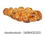 Fancy bread with raisins in slovak called: Vianocka. Sweet leavened bread slices with and one whole piece in the back. Easter bread. Isolated on white