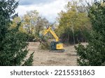 Small photo of Excavator with Claw Hauling Uprooted Trees Away