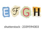 Small photo of E, F, G and H alphabets on torn colorful paper with clipping path. Ransom note style letters.