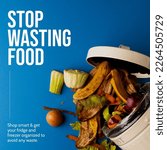 Small photo of Composition of stop wasting food text over trash can with food waste. Stop food waste day and celebration concept digitally generated image.