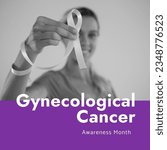 Small photo of Composite of gynecological cancer awareness month over caucasian female doctor with ribbon. Gynecological cancer awareness, woman's health and prevention concept digitally generated image.