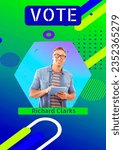 Composite of caucasian man using tablet and vote richard clarks text with abstract patterns. Technology, student council poster, election, president, school, education, aspirations, template, design.