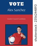 Small photo of Portrait of biracial woman with ball showing thumbs up, vote alex sanchez, student council candidate. Composite, poster, election, president, school, education, aspirations, template and design.