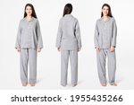 Woman in gray pajamas comfy sleepwear apparel full body