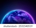 Vibrant image of Earth from space, glowing with purple and blue hues background. Earth, space, and colors create a stunning cosmic view. Earth and space in harmony background.