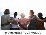Rear view of diverse senior women standing together at the beach