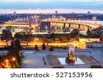View of hydroelectric station, new Ukrainian monument without Lenin and river in evening, Zaporozhye, Dnieper, Ukraine
