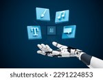 Small photo of Artificial intelligence and creativity concept. AI creative services - copywriter, image generators, music, chatbot. AI represented by robotics hand.