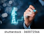 Personal development, career growth, success, progress and potential concepts. Coach (human resources officer, supervisor) help employee with his growth symbolized by stairs, bokeh background.